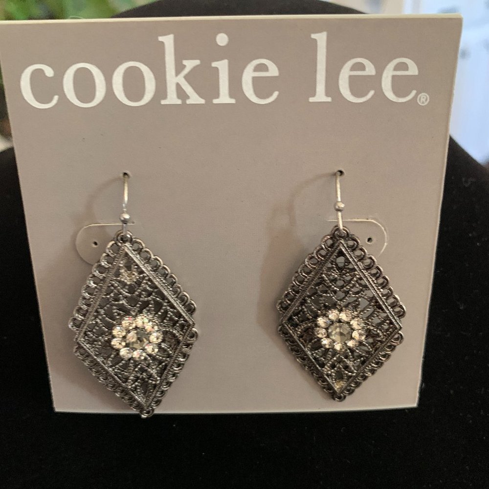 Pewter Earrings with Crystal Flowers
